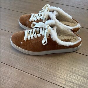 Frye Ivy genuine shearling sneaker mules in brown suede